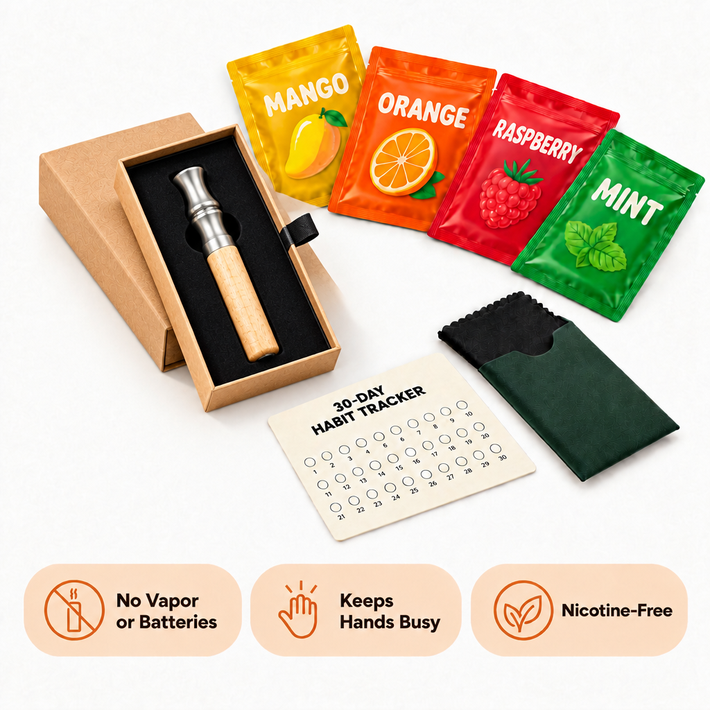 Luft Starter Kit with Maple + Silver device in its box, flavor packs, habit tracker and cleaning kit
