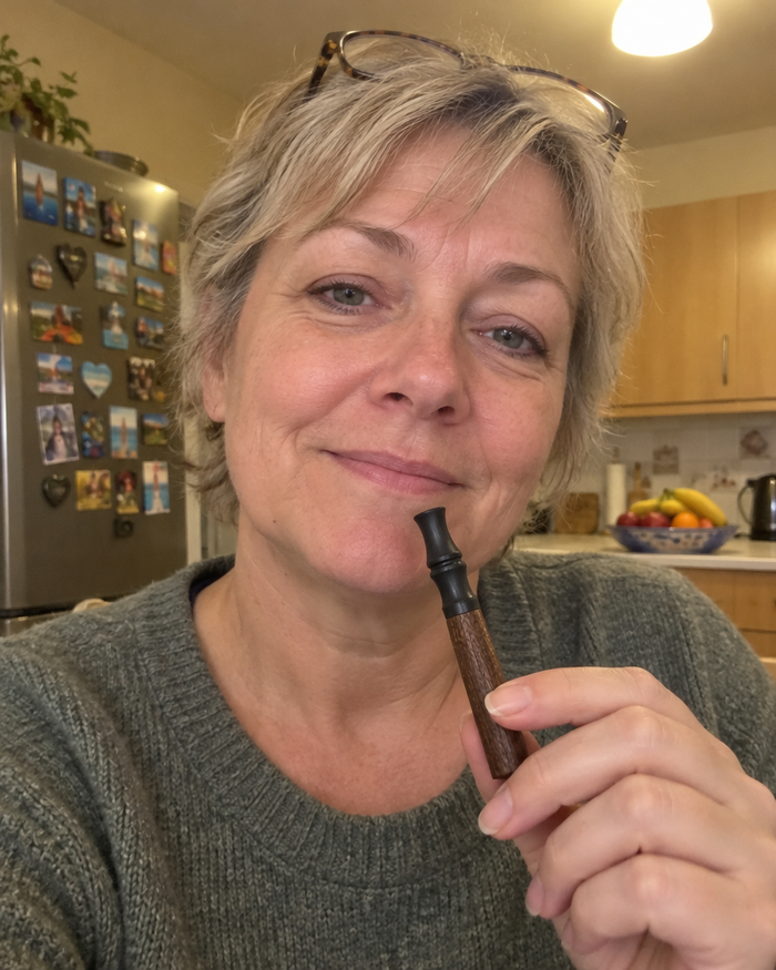 Woman using a walnut Luft at her kitchen table