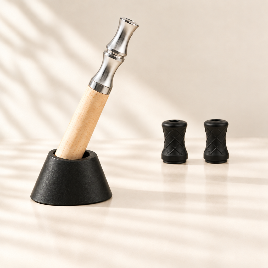 Luft Desk Stand with Maple + Silver device and toppers