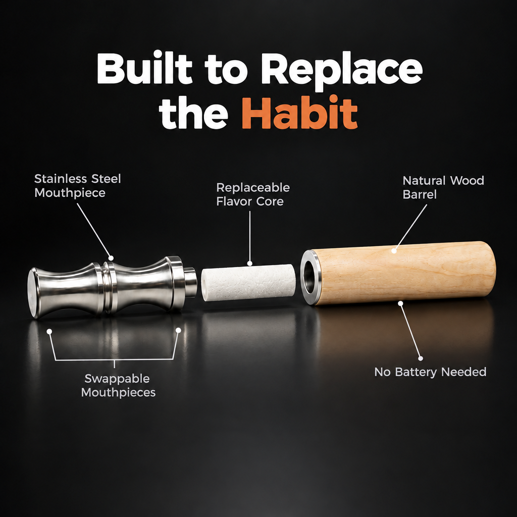 Luft device parts: stainless steel mouthpiece, flavor core, natural wood barrel